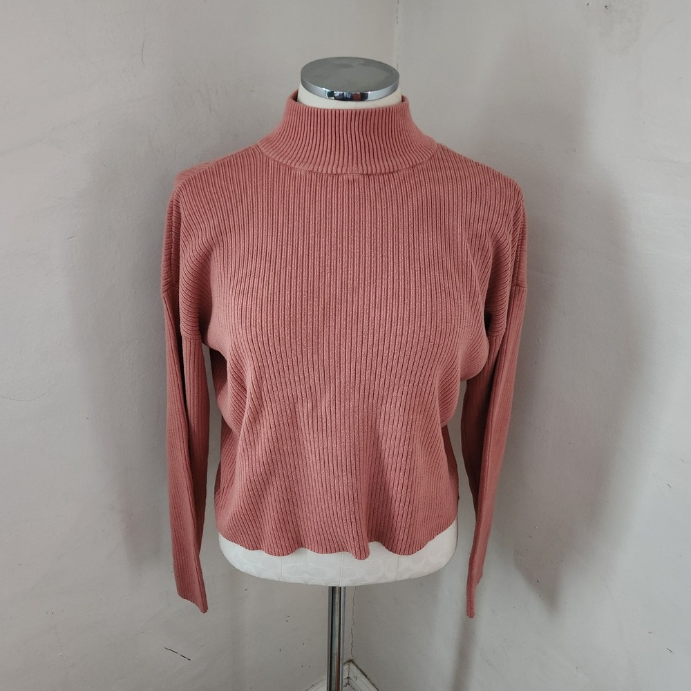 Ann Taylor Rose Pink Ribbed Mock Neck‎ Sweater Long Sleeve Dropped Shoulder M
